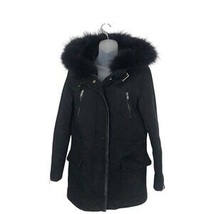 Maje Black Fur trimmed Hood & Faux Fur Lining Coat With Silver Zippers Size S